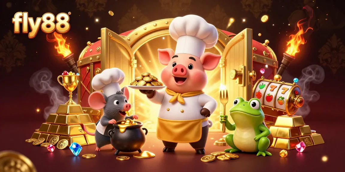 Experience the excitement of fly88 with a chef pig serving gold coins amidst vibrant slot reels and jewels.