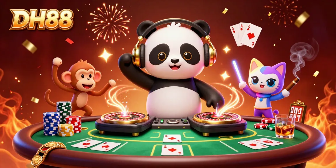 Win big at DH88 with a vibrant celebration scene featuring a DJ panda, dancing monkey, and kitten amidst poker elements.