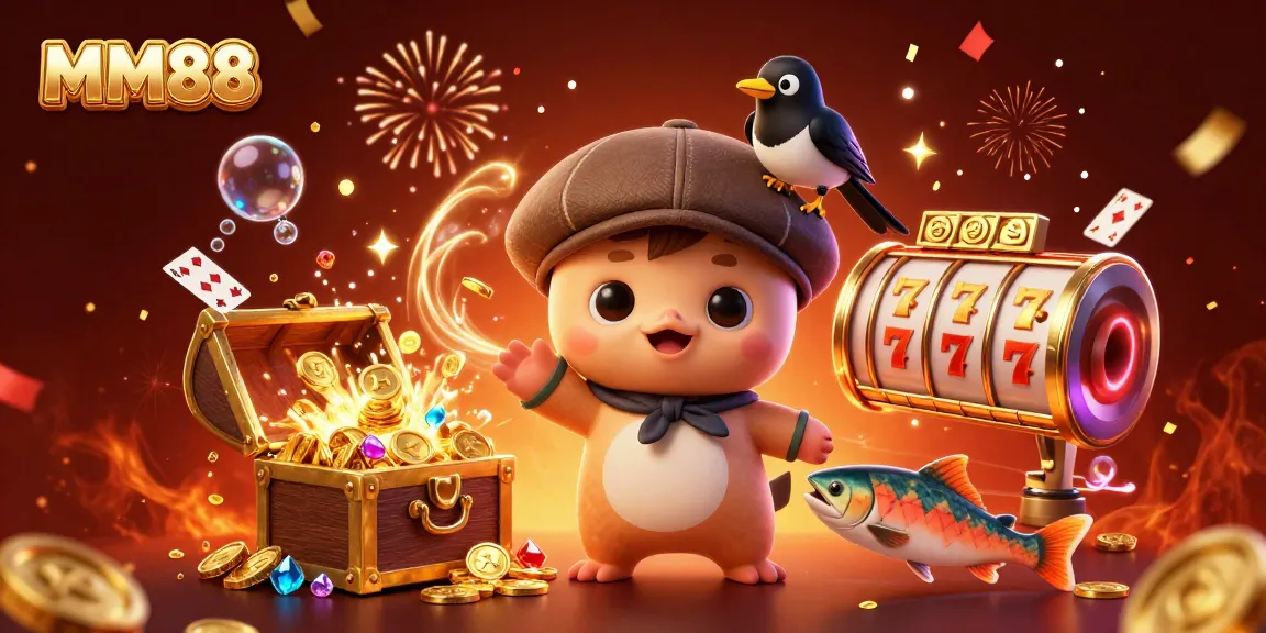 Engage with MM88's exciting gaming world, featuring cartoon Nessie and vibrant casino elements.