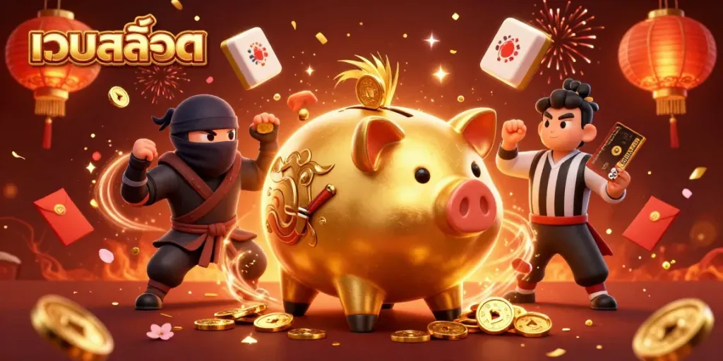 Experience thrilling moments at เว็บสล็อต with a cartoon piggy bank sumo wrestler and captivating game elements.