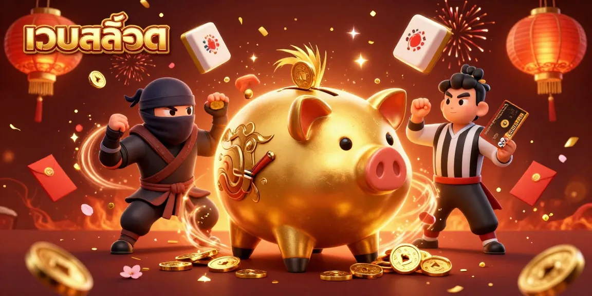 Experience thrilling moments at เว็บสล็อต with a cartoon piggy bank sumo wrestler and captivating game elements.