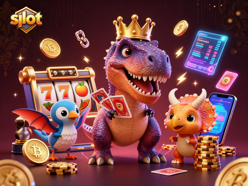 Spin the slot reels with the T-Rex while chips stack up in this vibrant casino scene!