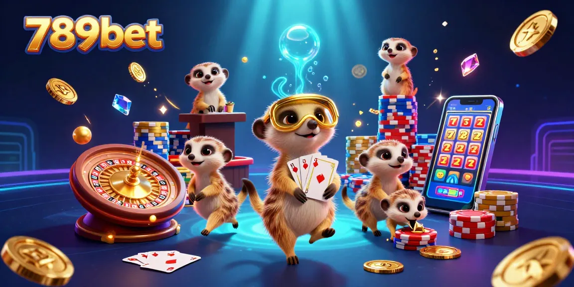 Win big at 789bet with a lively scene of meerkats orchestrating a vibrant casino operation amid cascading gold coins.