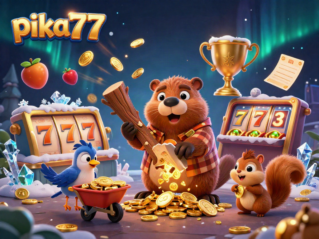 Pika77 captivates with golden coin rain from a tree in vibrant 3D casino art.
