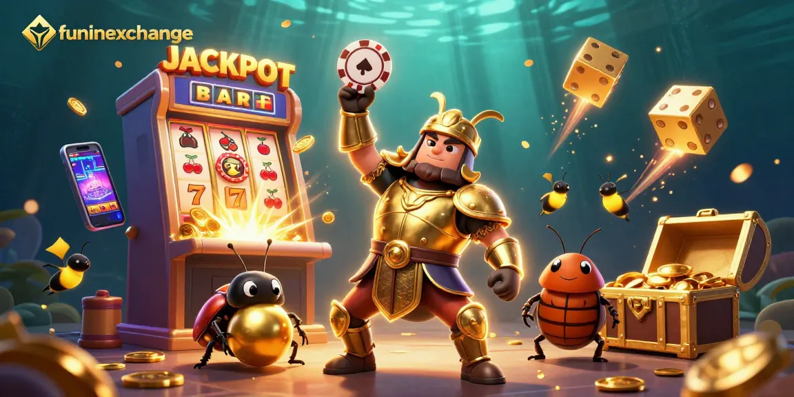 Join the funinexchange where a victorious beetle celebrates wins in the colorful gaming universe.