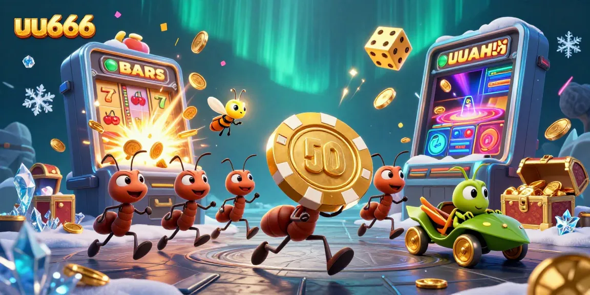 uu666 ants carrying a giant poker chip through a vibrant casino heist scene full of animations.