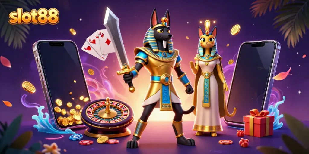 Slot88 menawarkan pengalaman unik dengan karakter Anubis dan Bastet dalam ilustrasi slot modern.