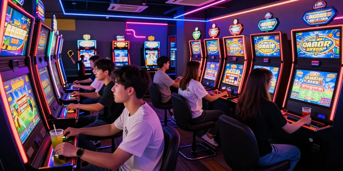 Pengunjung bermain slot gacor di arcade bar yang ramai dengan suasana ceria dan lampu neon.