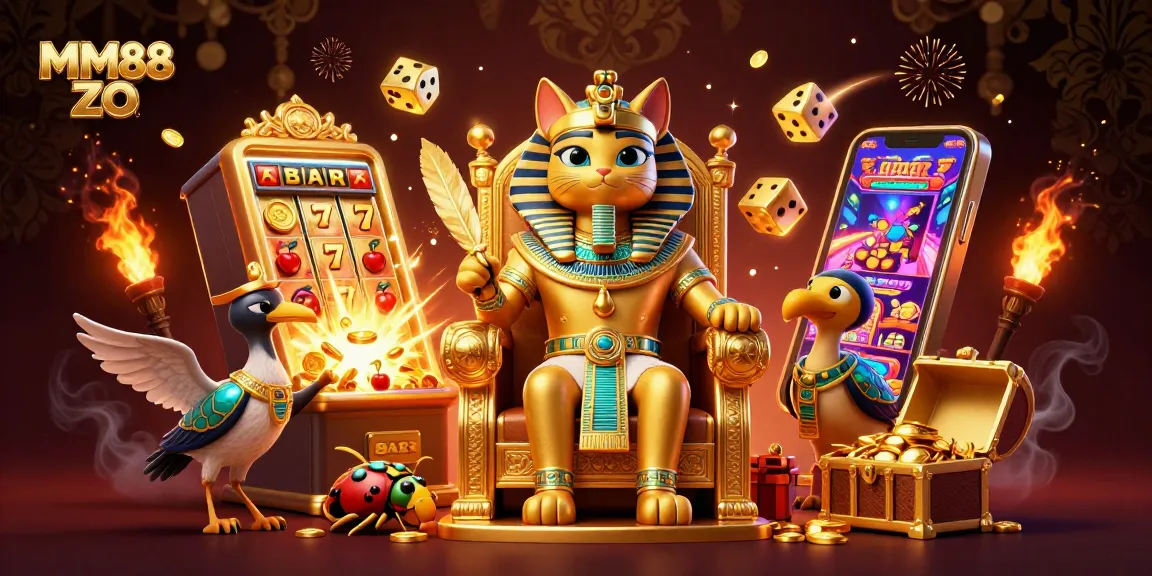 Engage with MM88 ZO in this vibrant 3D casino illustration, featuring a pharaoh cat and slot machine chaos.