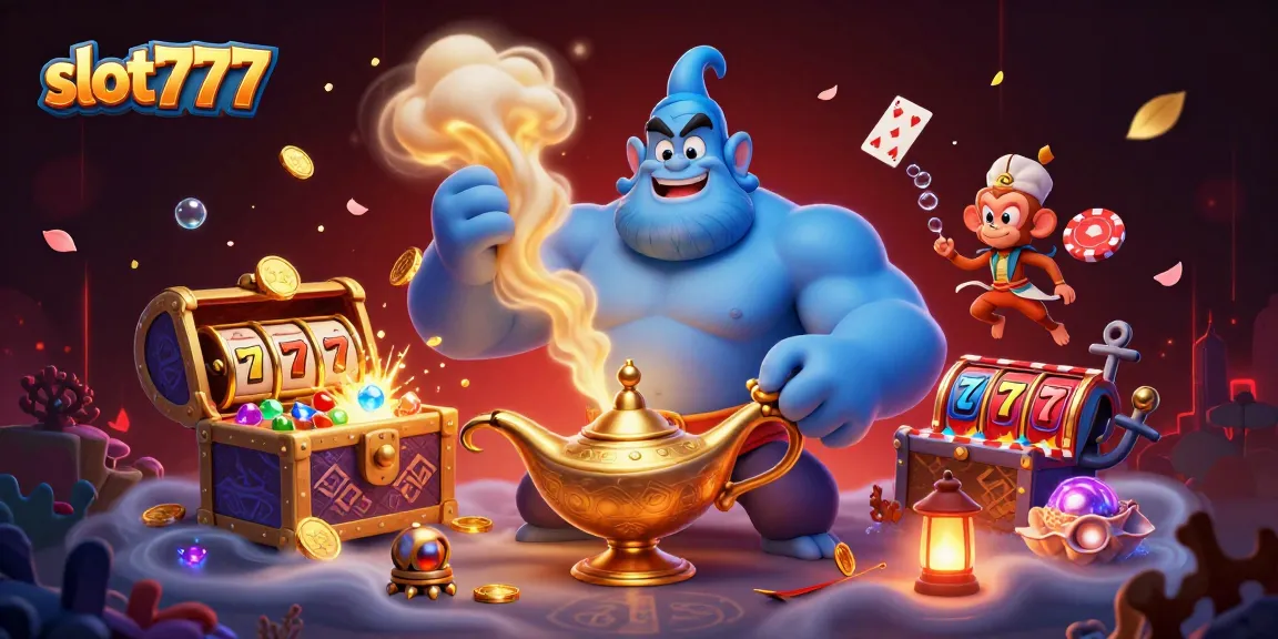 Engage with slot777 action featuring a vibrant 3D scene of a genie and magical elements