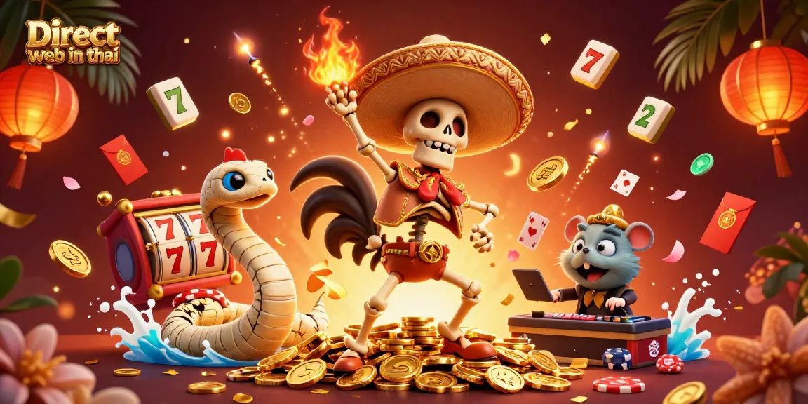 Engage with Direct web in thai as the skeleton mariachi rooster celebrates surrounded by vibrant gambling icons.