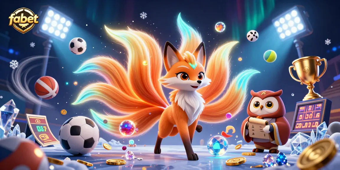 Engage with fabet's vibrant scene featuring a nine-tailed fox, colorful spirit orbs, and dynamic sports elements.