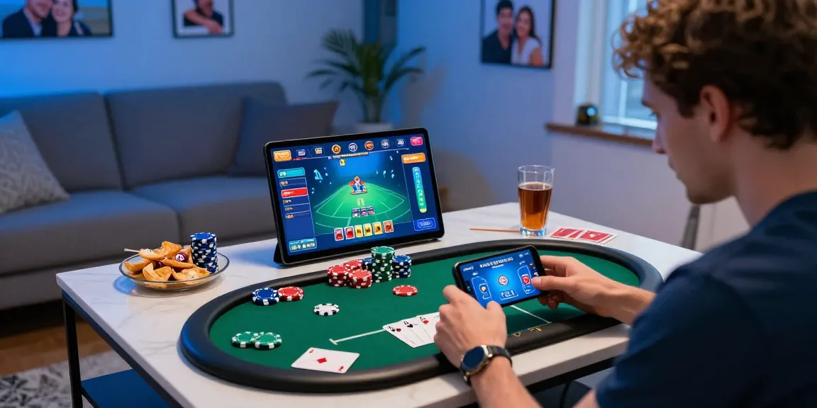 Player focused on poker game on smartphone, aiming to win cash in relaxed home setting.