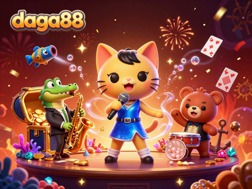 Join the excitement at daga88 with a cat singer, crocodile saxophonist, and bear drummer on a vibrant casino stage.