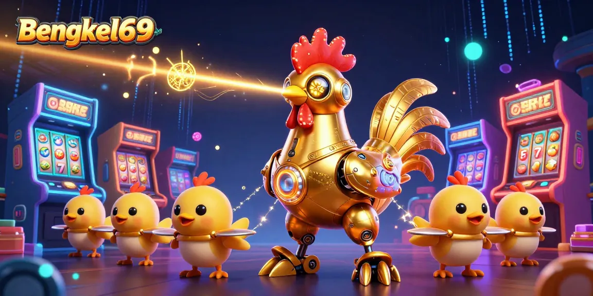 Bengkel69 showcases a vibrant 3D scene with a golden rooster robot and baby chick drones amidst colorful slot machines and jackpot elements.