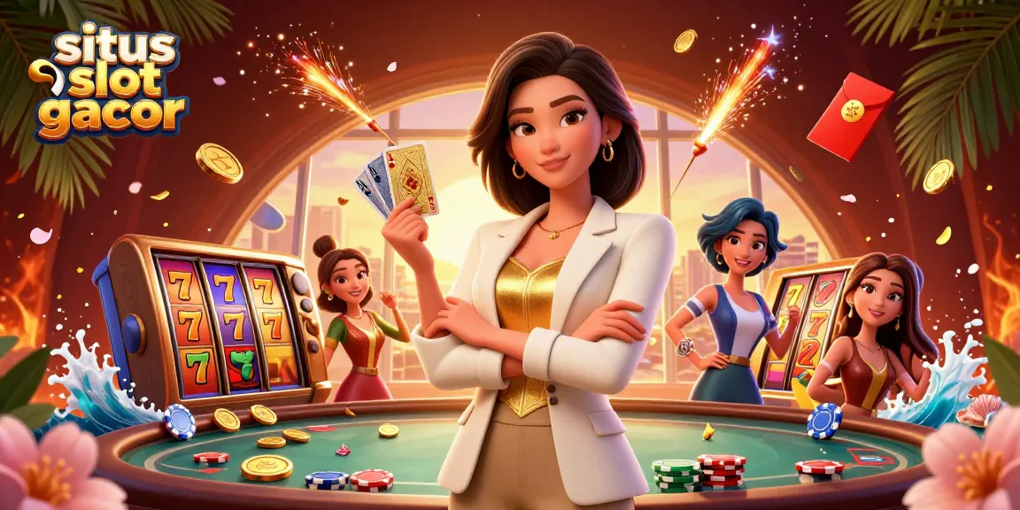 Experience the excitement of situs slot gacor with a glamorous Asian woman holding golden cards amidst slot machines.
