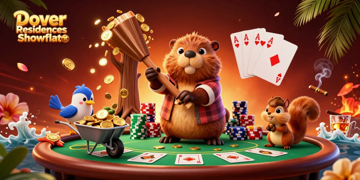 Menampilkan Dover Residences Showflat, beaver pemotong kayu yang mengumpulkan koin emas dalam suasana kasino