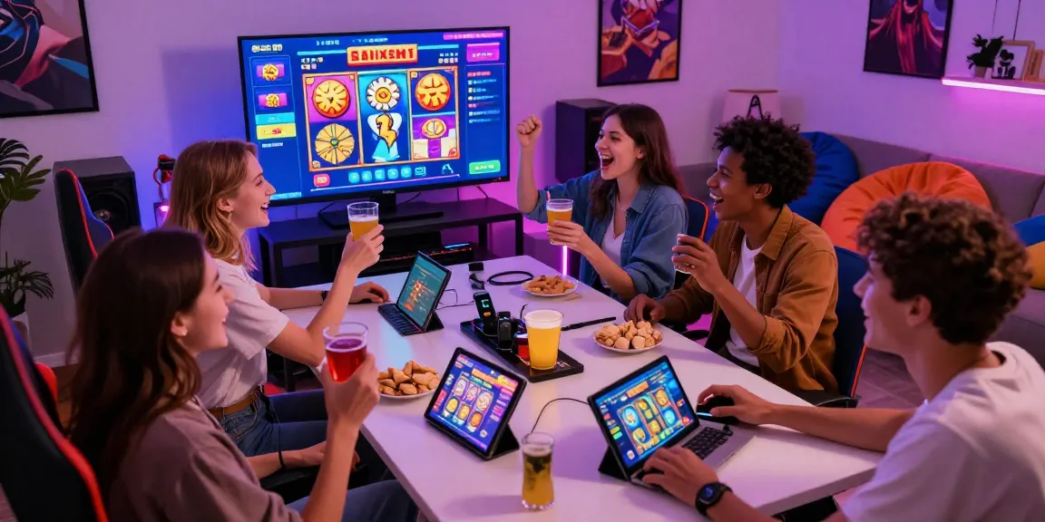 Exciting group gaming session celebrating wins in slot888 with vibrant atmosphere and colorful screens