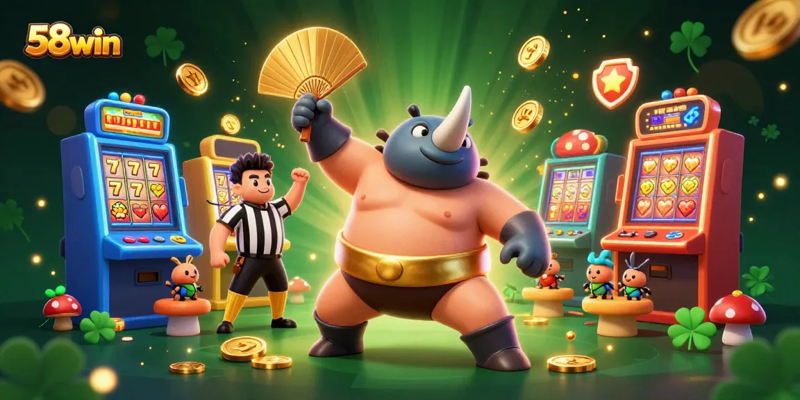 Experience thrilling wins with 58win's vibrant casino scene featuring slot machines and golden coins.