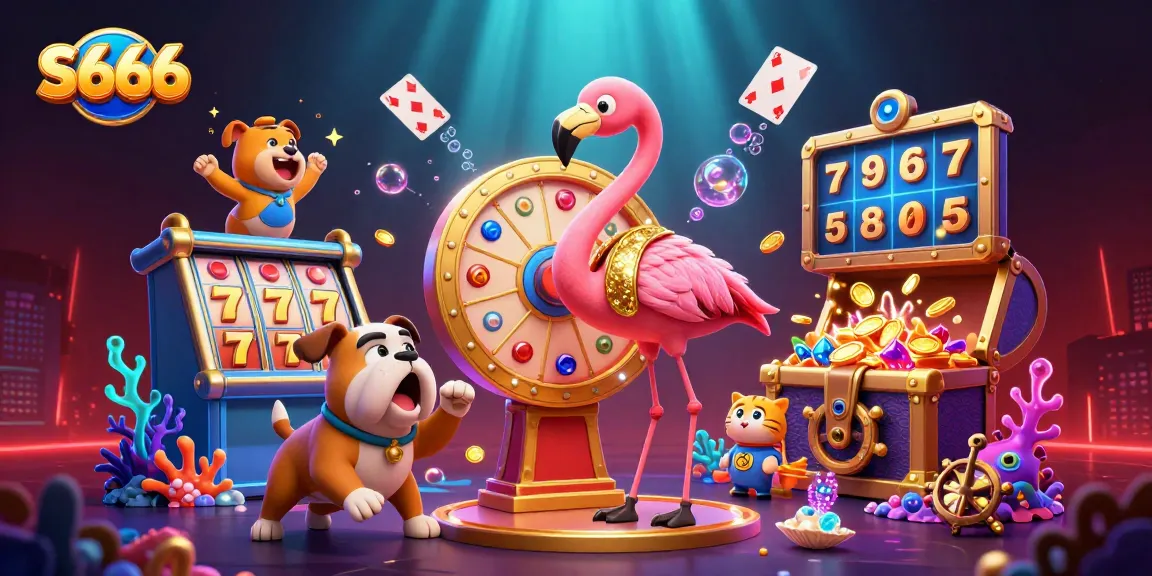 S666 entertains players with exciting luck and jackpots in a vibrant casino scene featuring 3D characters.