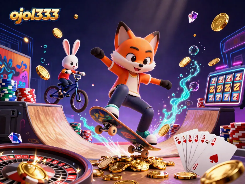 Experience thrilling action with ojol333 as a skateboard fox kicks over poker chips in this vibrant casino scene.