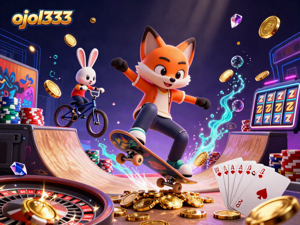 Experience thrilling action with ojol333 as a skateboard fox kicks over poker chips in this vibrant casino scene.