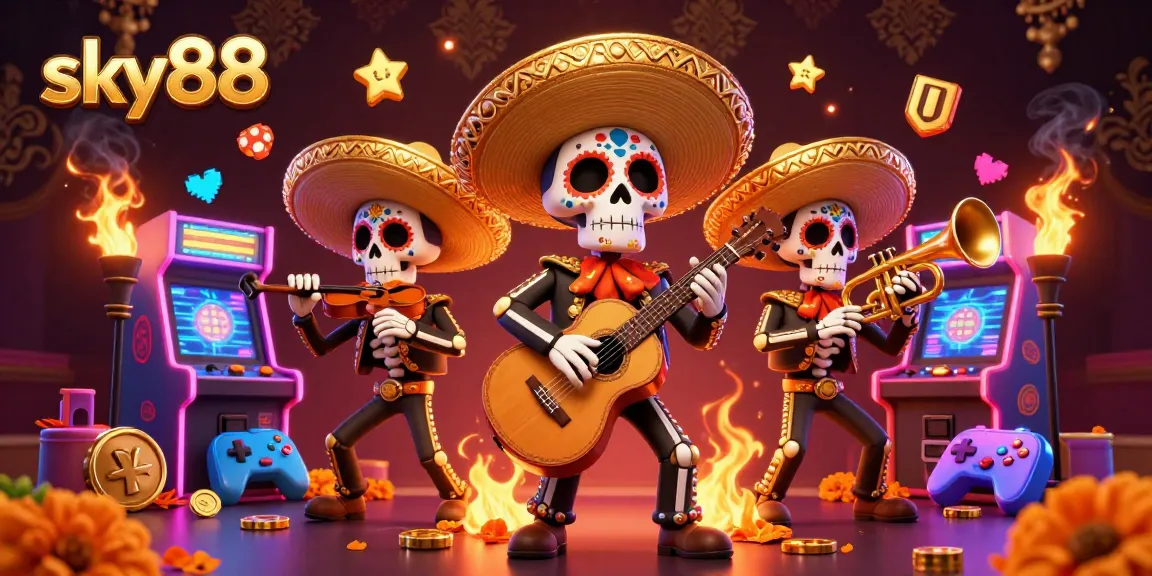 Experience the vibrant energy of sky88 with a colorful mariachi band in a bustling casino scene.