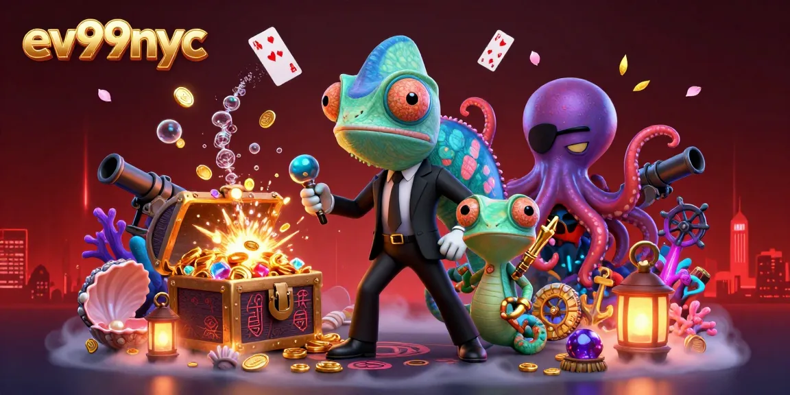 Win big at ev99nyc casino with vibrant 3D illustration of lively characters and gaming elements.