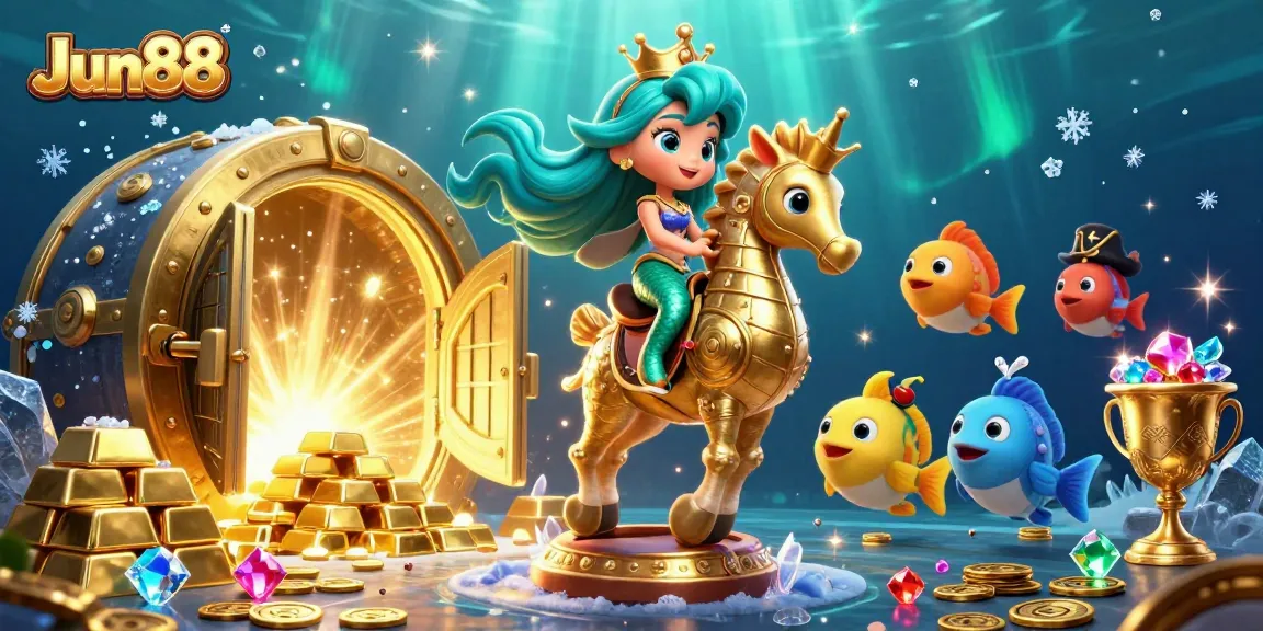 Engage in thrilling gameplay at Jun88's casino, featuring vibrant 3D characters and golden treasures.