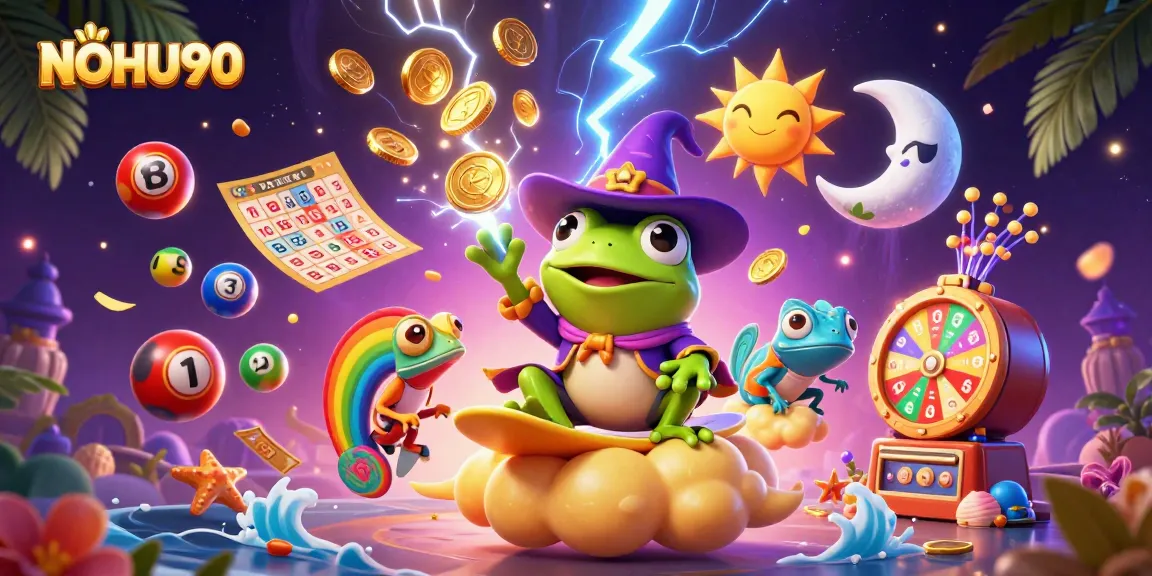 Experience NOHU90's vibrant casino fun with the animated golden coin storm and lively creatures.