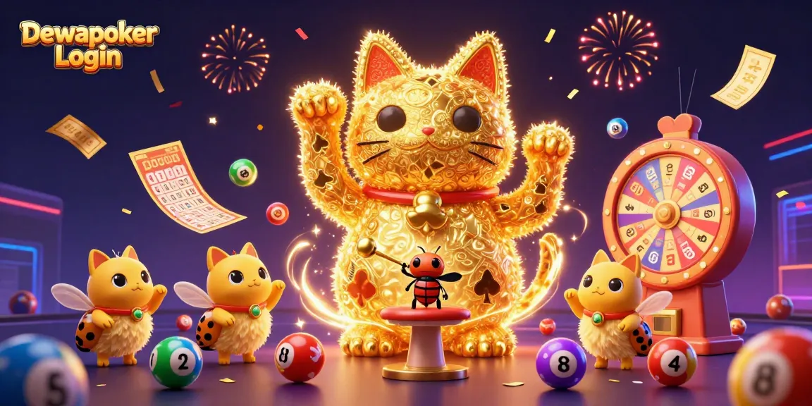 Dewapoker Login showcases a vibrant scene with a lucky cat and dynamic casino elements, enhancing your gaming experience.