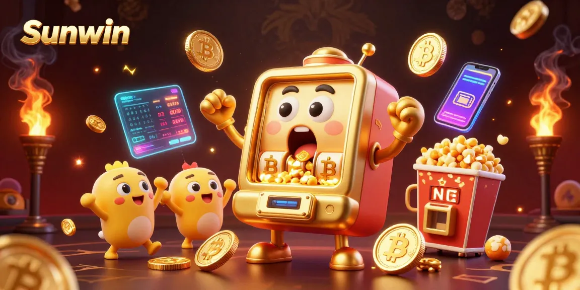 Sunwin jackpot celebration with lively slot machines and crypto elements in vibrant 3D illustration