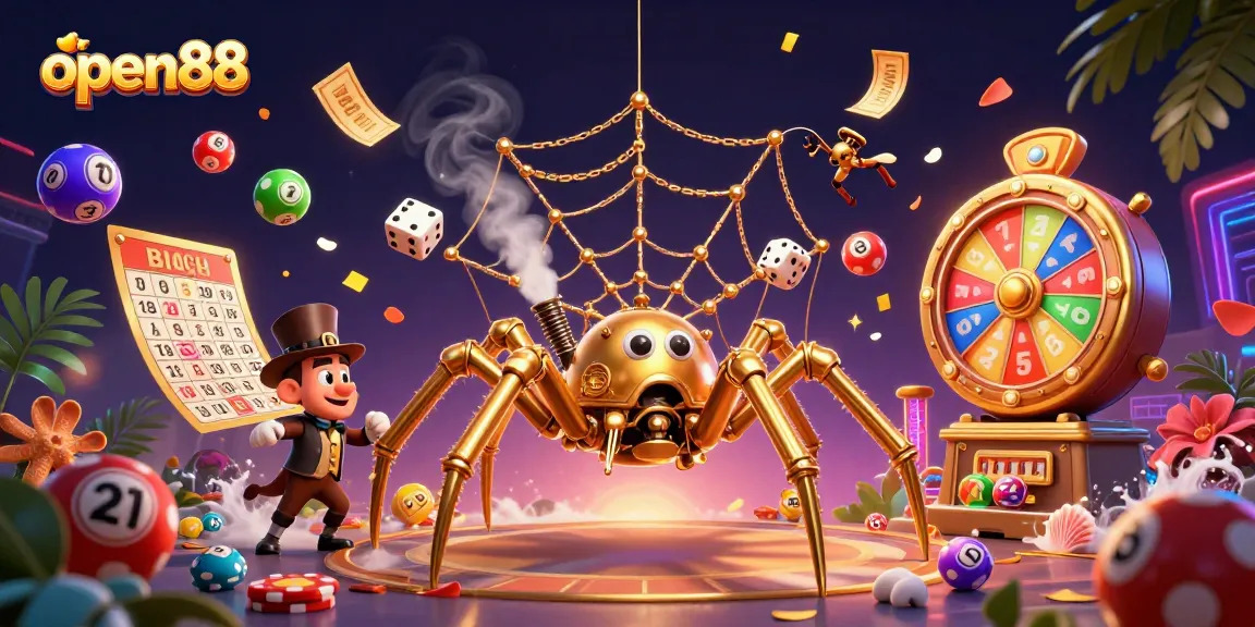 Experience thrilling games at open88 with vibrant lottery balls, engaging prize wheels, and a captivating spider web design.