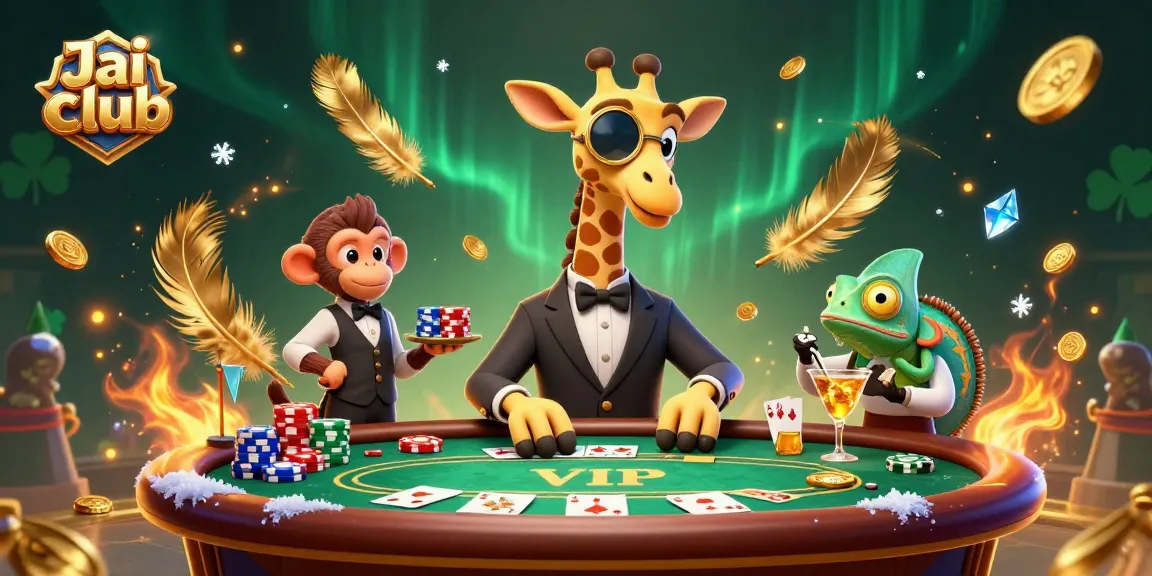 Experience the thrilling action at Jai club with a high-roller giraffe playing poker, surrounded by fun casino elements.