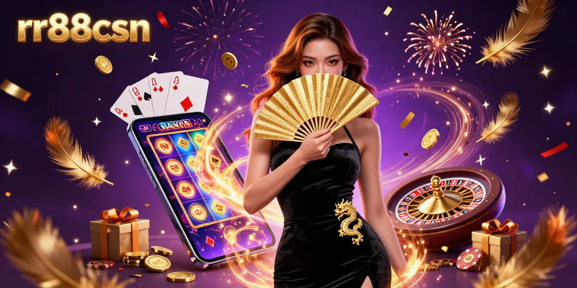 Engage in thrilling slot games at rr88csn while enjoying the vibrant casino illustration.