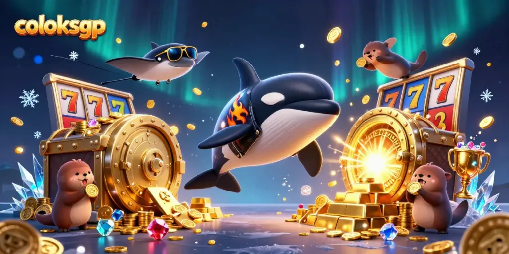 Koloksgp menampilkan ilustrasi kasino online dengan orca, stingray, dan berang-berang berharga dalam tampilan yang dinamis.