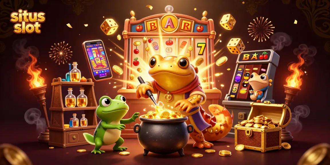 Experience excitement at situs slot with an alchemist, frog, and newts amidst gold and winnings.