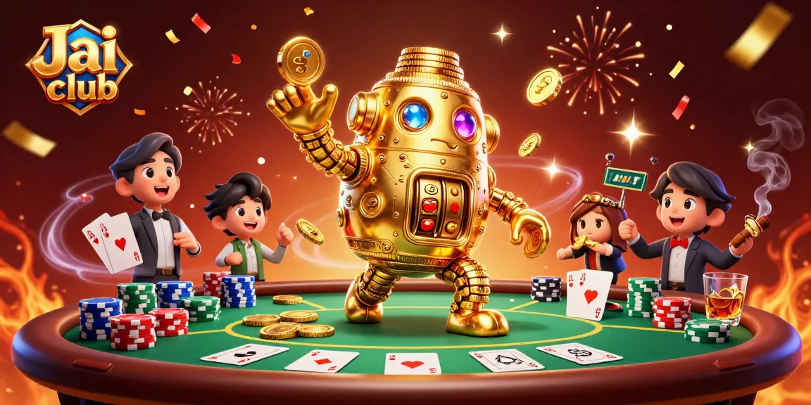 Engage in thrilling games at Jai club featuring an ancient golden golem made of coins amidst vibrant casino elements.