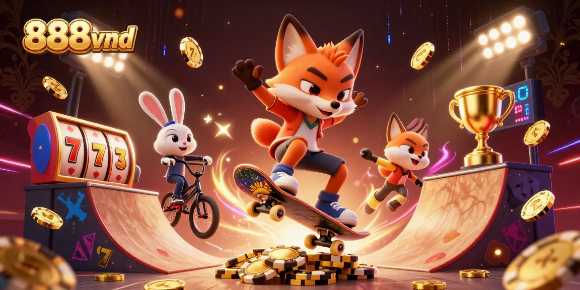 Experience the thrill of gaming at 888vnd with a vibrant illustration of a skateboarder fox and BMX rabbit amid casino elements.
