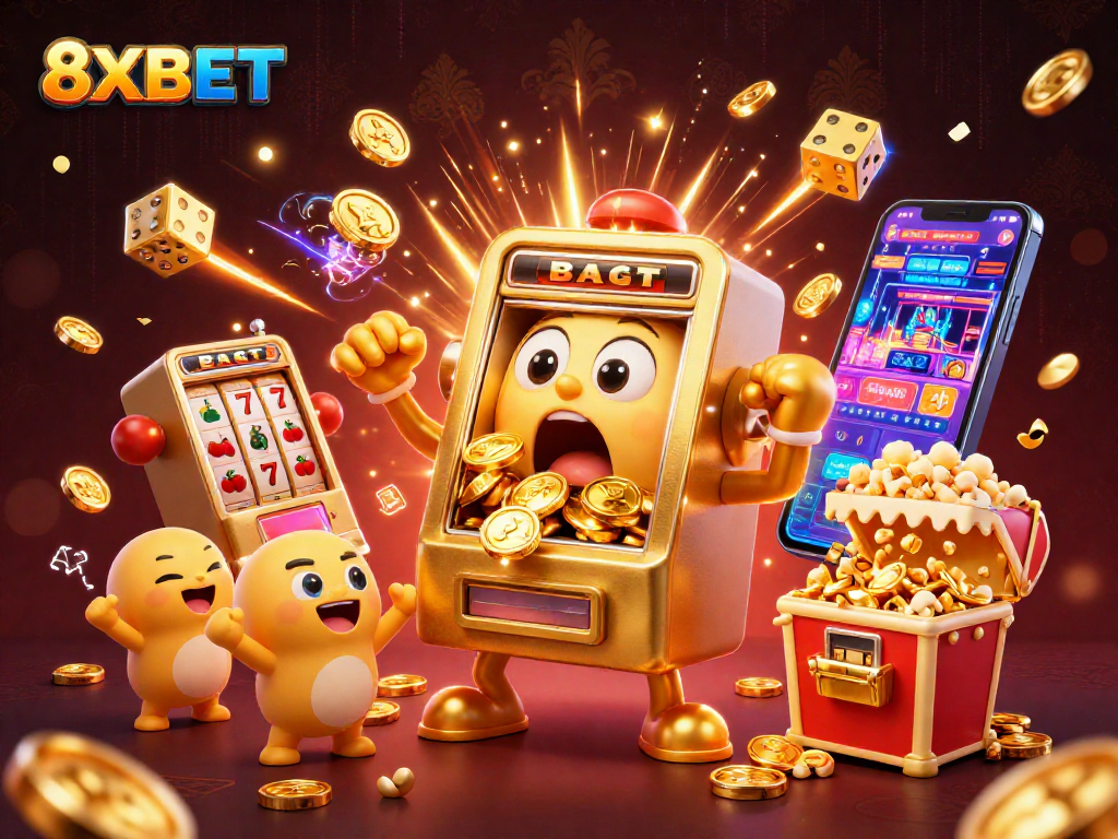 Experience the thrill of 8XBET with a golden slot machine hitting the jackpot amidst magical coins and symbols!