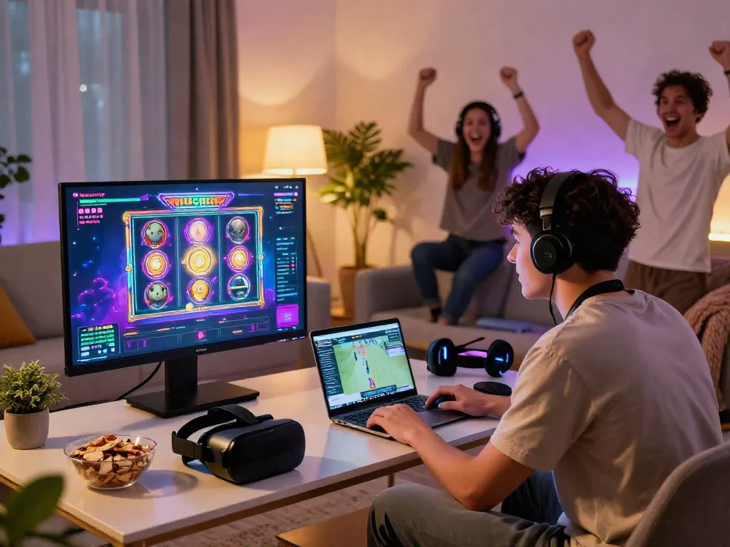 Gamer celebrating a big win on slot maxwin game in a lively living room.