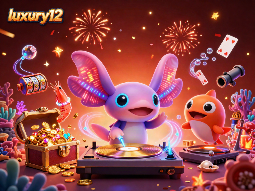 Engage in luxury12 gaming with a vibrant 3D underwater casino scene, featuring neon axolotl DJ.
