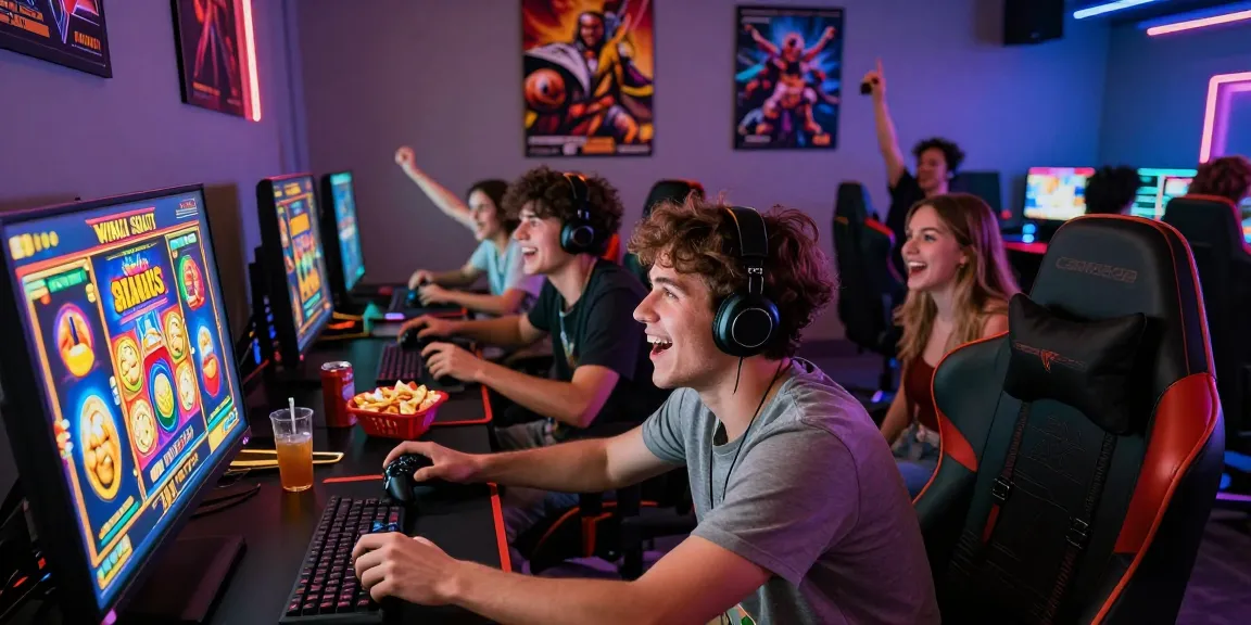 Friends enjoying a lively gaming session featuring winli-slots on a big screen, immersed in excitement and fun.