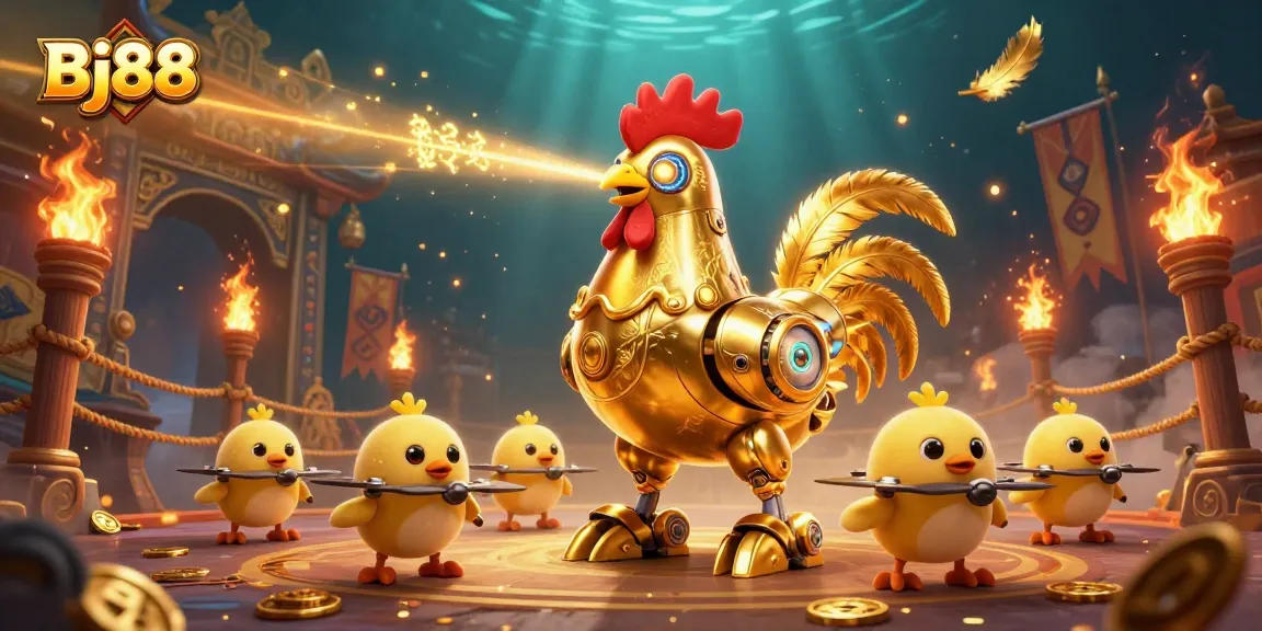 Bj88 showcases an exhilarating scene with a golden rooster robot leading baby chick drones in a betting arena.