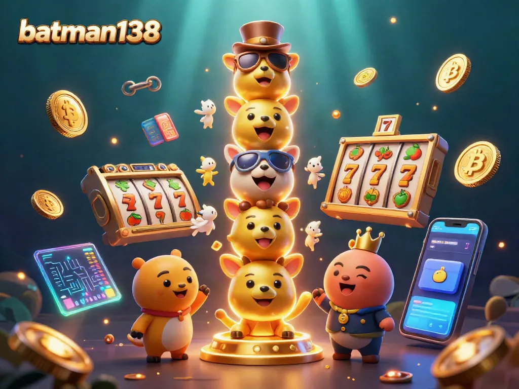 Menang dalam game slot di batman138 dengan totem kasino 3D dan simbol keberuntungan.