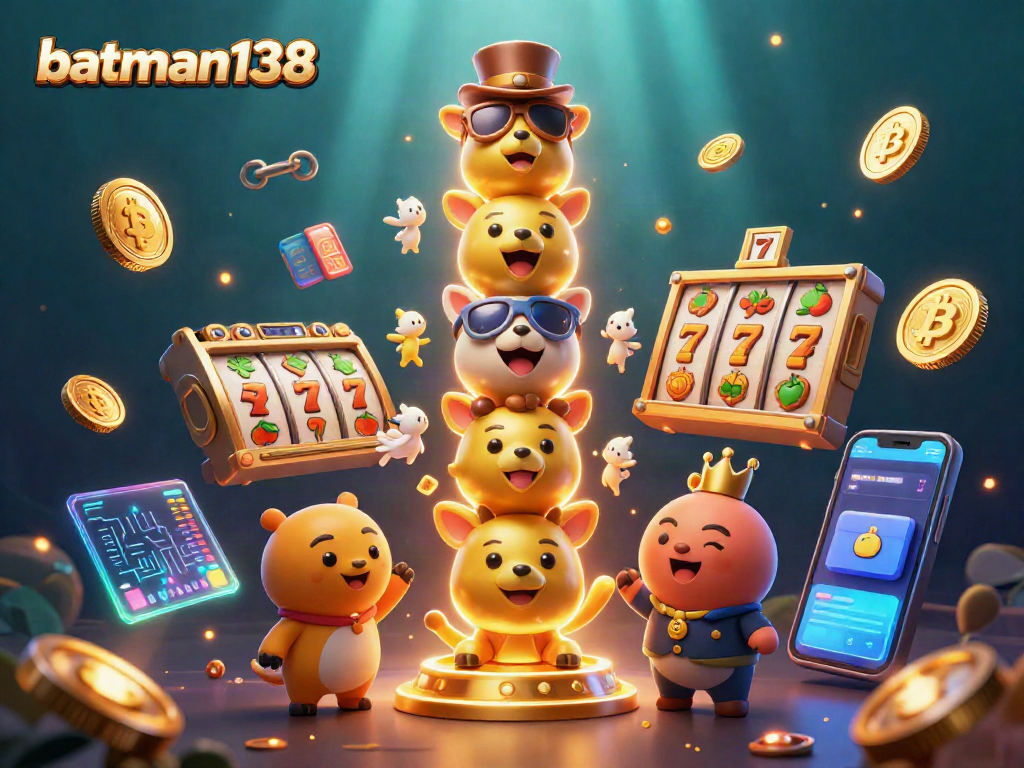 Menang dalam game slot di batman138 dengan totem kasino 3D dan simbol keberuntungan.