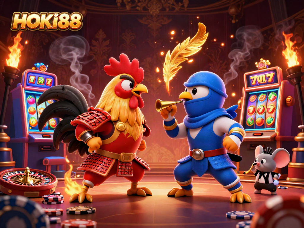 Experience the thrilling showdown of HOKI88 with samurai and ninja cartoon roosters amid slot machines.
