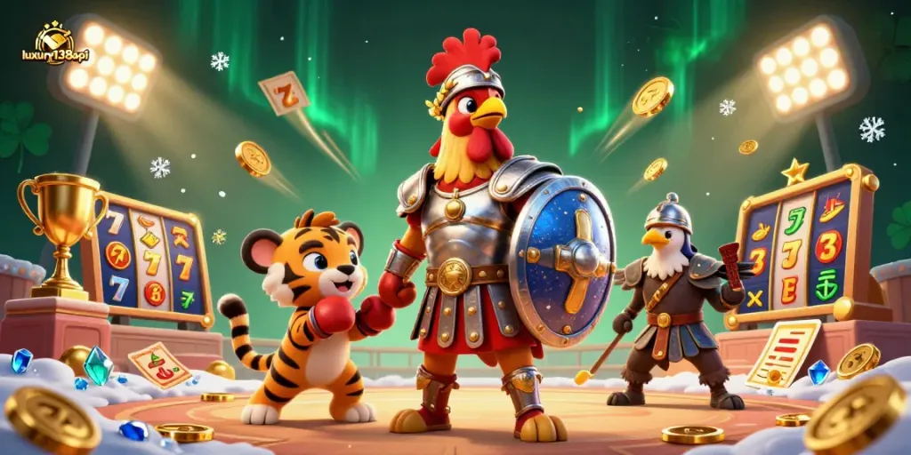 Engage with luxury138api through a thrilling online slots experience, featuring dynamic characters and gaming elements.
