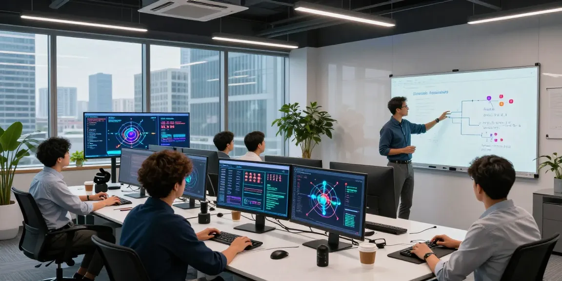Engineers collaborating on quantum computing project in modern high-tech workspace