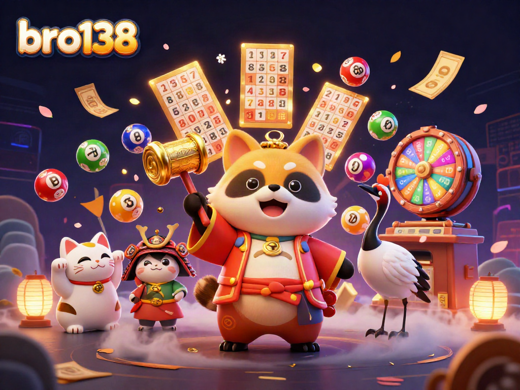 Spin luck with bro138's vibrant casino scene featuring charismatic characters and exciting gaming elements.